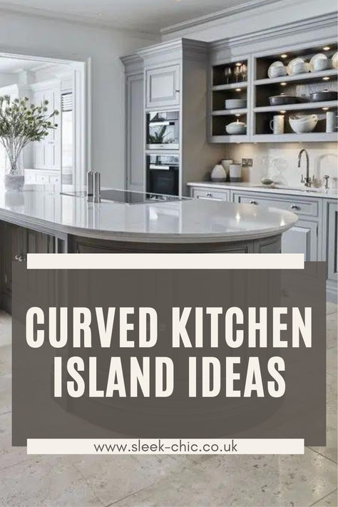 This perfectly rounded interior design trend is perfect for all interiors. Curves add instant character to a space, with those sleek lines that are perfectly formed, and create a gorgeous aesthetic. A basic room can be lifted by anything that simply has a curve. Oval Shaped Kitchen Island, Unique Kitchen Island Shapes, Kitchen With Curved Island, Kitchen Island With Curved End, Kitchen Island Curved, Oval Kitchen Island With Seating, Curved Islands In Kitchen, Rounded Kitchen Island With Seating, Curved Island Countertop