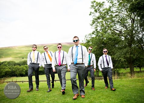 Rainbow groomsmen in their braces. Different coloured ties and sunglasses. Rainbow Wedding Groomsmen, Groomsmen With Different Color Ties, Groomsmen Ties Mismatched, Multi Color Groomsmen Attire, Groomsmen Attire Colorful, Colourful Groomsmen, Rainbow Groomsmen, Colorful Groomsmen Attire, Groomsmen Colorful