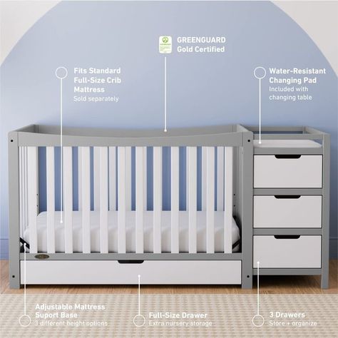 Graco Remi 4-in-1 Convertible Crib with Drawer and Changer (Pebble Gray) - JPMA-Certified Crib with Storage Drawer, Attached Changing Table with 3 Drawers, 2 Shelves, and Water-Resistant Changing Pad Baby Bed With Changing Table, Baby Crib With Changing Table, Baby Crib Changing Table, Cribs With Storage, Crib With Drawers, Cot With Storage, Crib And Changing Table Combo, Crib With Storage, Crib With Changing Table