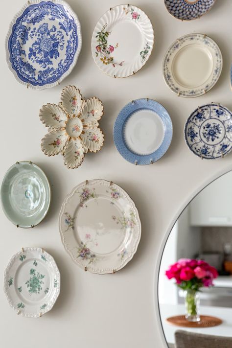 Post Image Large Wall In Kitchen Decor Ideas, Thrift Flips Home Decor, Plate Display Ideas, Tiktok Apartment, Blue Plates Wall, Wall Plates Decor, Macaron Shop, Plate Walls, Plate Wall Display