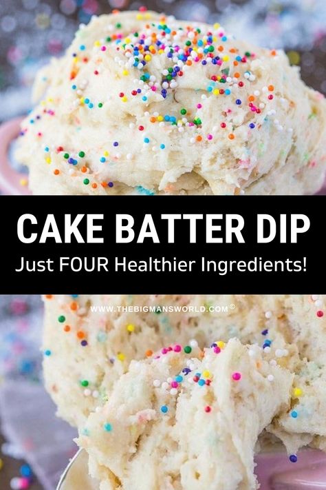 This simple cake batter dip is perfect for parties and gatherings. Lightened-up with greek yogurt and cool whip, it’s light, fluffy, and tastes like a cake batter. Healthy Sweet Dips Greek Yogurt, Light Cool Whip Recipes, Low Calorie Desserts Cool Whip, Funfetti Dip Greek Yogurt, Greek Yogurt Cool Whip Dessert, Cake Batter Dip With Yogurt, Funfetti Dip With Yogurt, Healthy Funfetti Dip, Light Cool Whip Desserts