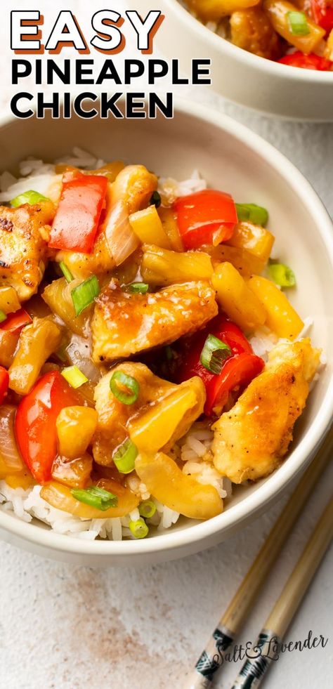 a bowl of chicken and rice with chopsticks and text overlay that reads easy pineapple chicken Pineapple Chicken And Rice, Pineapple Chicken Recipe, Chicken Asian, Hawaiian Chicken Recipes, Pineapple Chicken Recipes, Chinese Cooking Recipes, Pineapple Recipes, Pineapple Chicken, Chicken And Rice