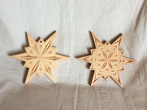 Chip carved wood Christmas ornament, snowflakes Wood Carving Christmas Ornaments, Chip Carved Christmas Ornaments, Wooden Snowflake Ornaments, Ornamental Wood Carving, 3d Wooden Snowflakes, Acorn Crafts, Wooden Christmas Decorations, Christmas Tree Toy, Chip Carving