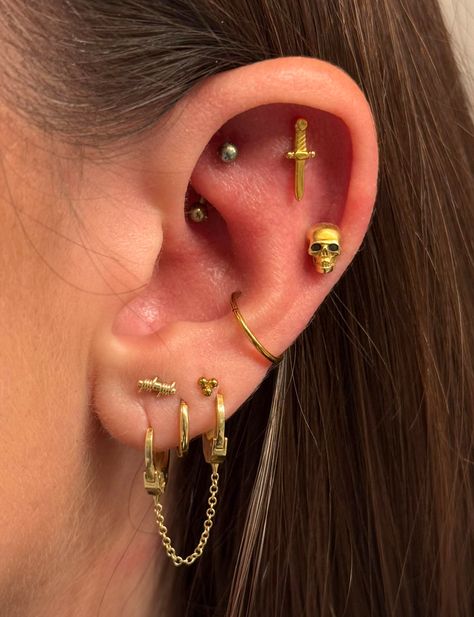 Ear Curation Gold, Ear Curation, Curated Ear, Tattoos And Piercings, Ear Piercings, Piercings, Tattoos, Makeup, Gold