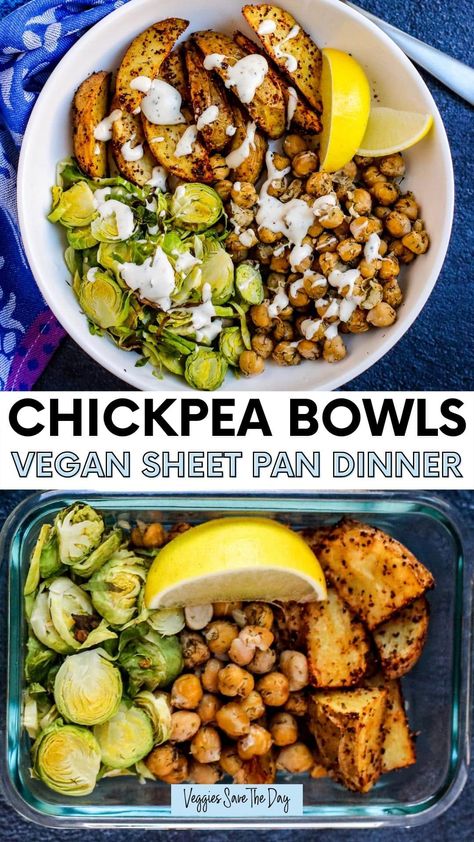 Vegan Chickpea Bowls are an easy sheet pan meal featuring roasted potato wedges, Brussels sprouts and a creamy sauce. Perfect for meal prep! Garbanzo Bean Bowl, Brussel Sprout Bowl, Chickpea Bowls, Vegan Sheet Pan, Roasted Garbanzo Beans, Inflammatory Meals, Garbanzo Bean Recipes, Bowl Lunch, Roasted Potato Wedges