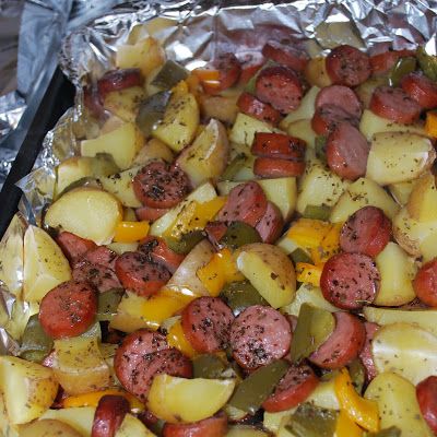 Sausage & Potato Bake @keyingredient Smoked Sausage And Potato Bake, Sausage And Potato Bake, Smoked Sausage Recipes, Sausage Dishes, Potato Bake, Sausage Potatoes, Diner Recept, Tin Foil, Idee Pasto Sano