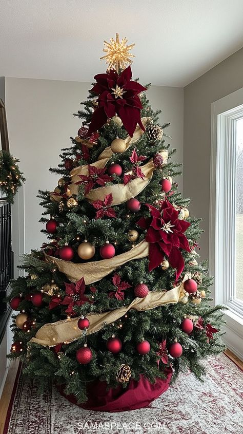 Discover 21+ gorgeous Christmas tree ideas for 2024 to make your home sparkle this season! Create a timeless look with classic red and green decor or opt for a chic vibe with silver, gold, or rose gold ornaments. For a cozy feel, try a rustic farmhouse theme featuring burlap ribbons and wooden accents. #ChristmasTreeDecor #HolidayTreeIdeas #Christmas2024Decor #FestiveTreeInspo Rustic Red Christmas Tree, Christmas Tree Ideas Gold And Red, Christmas Tree Decorations Red And Gold, Red And Gold Christmas Tree Ideas, Christmas Tree Ideas Red And Gold, Red Green And Gold Christmas Tree, Christmas Tree Red And Silver, Green And Red Christmas Tree, Rose Gold Ornaments