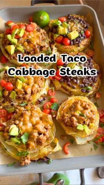 Nalle 🥰😍 on Instagram: "🤩🔥 Follow @mediterraneandiet_meal To Get The Detailed Recipe Of This Cabbage Steaks. 💁‍♀️ Loaded Taco Cabbage Steaks: Cabbage is a good source of essential nutrients, including vitamin C, vitamin K, vitamin B6, folate, fiber, and minerals like potassium and manganese. It's also low in calories. 🙏 Thank you: hungryhappens for sharing the recipe #mediterraneanfood #mediterraneandiet #healthyfats #mediterraneanlife #mediterraneanstyle #plantbasedprotein #plantbasednutr Loaded Cabbage Steaks, Loaded Cabbage, Taco Cabbage, Cabbage Tacos, Ww Dinners, Cabbage Steaks, Supper Ideas, C Vitamin, Cabbage Recipes