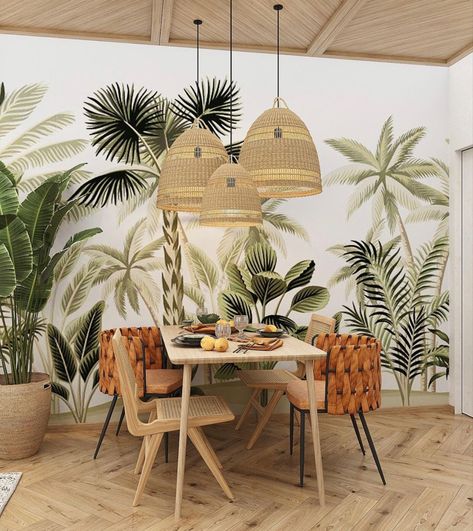 Tropical Wallpaper Dining Room, Tropical Cafe Interior, Modern Tropical Living Room, Tropical Living Room Ideas, Wallpaper Highlights, Trees Mural, Tropical Dining Room, Tropical Chic Decor, Nature Inspired Bedroom