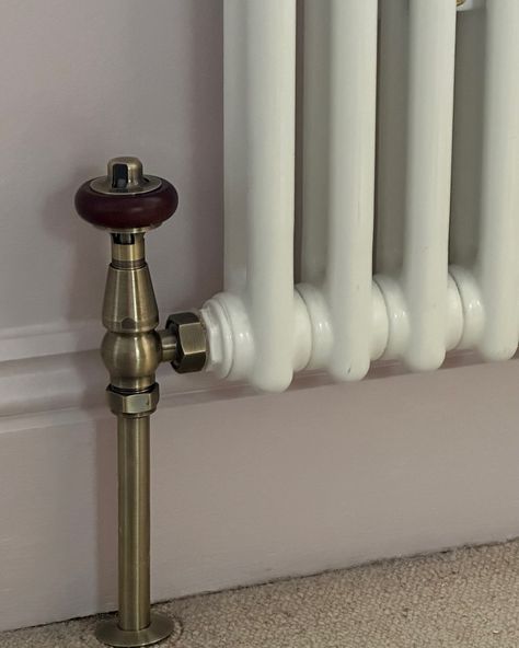 I pimped up my radiators! I would have loved to have changed all of our traditional style column radiators for cast iron, but that’s not within our renovation budget, so I upgraded my home’s style without breaking the bank! I swapped out the standard chrome radiator valves for some beautiful thermostatic brass ones. It’s a simple yet game-changing upgrade! The result is radiators that look far more expensive than they were & the brass matches perfectly with the brass accents in our home.... School Radiators, Wall Radiators, Victorian Terrace Renovation, White Radiator, Cast Iron Radiator, Traditional Radiators, Renovation Budget, Cast Iron Radiators, Column Radiators