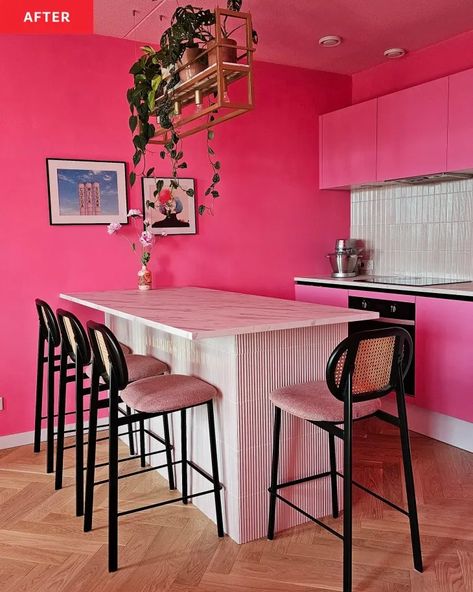 Before & After: An All-White Kitchen Gets a Pink Makeover | The Kitchn Hot Pink Apartment, Rattan Barstools, Hot Pink Kitchen, Pink Apartment, Amsterdam Apartment, Pink Cabinets, Monochromatic Room, Kitchen Cost, Traditional Dining Tables