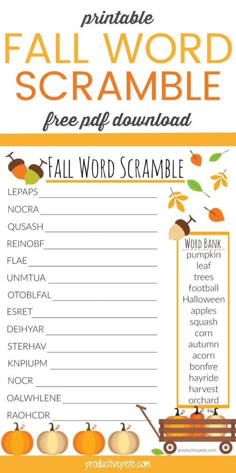 This printable Fall Word Scramble for Kids is a free pdf perfect for entertaining your kids & increasing their vocabulary about the Autumn Season! The Fall Word Scramble can also be printed in Black & White for using with large groups of children! #activitiesforkids #Fall #Autumn #wordscramble Fall Word Scramble, Word Scramble For Kids, Fall Worksheets, Fall Words, Fall Games, Senior Activities, Autumn Activities For Kids, Word Scramble, Word Bank