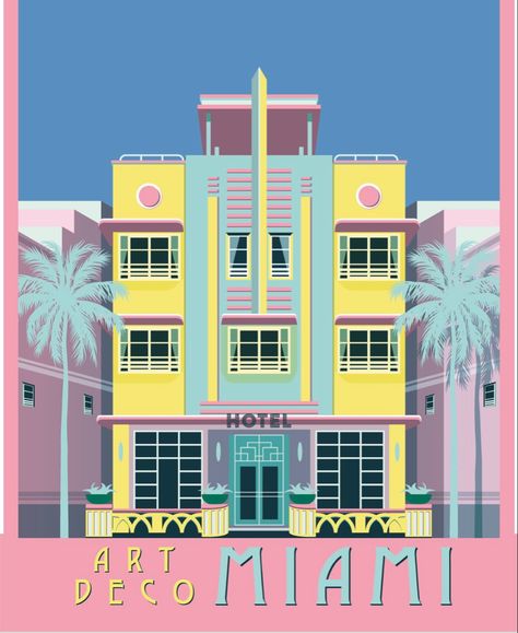 Retro miami style Art Deco Miami, Miami Posters, Summer Flamingo, Miami Art Deco, Motif Art Deco, Art Deco Poster, Deco Poster, Art Deco Buildings, Lemon Mint