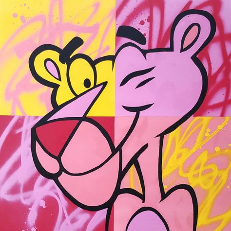 Pink Panther by Iwan Roberts  - Original Painting - Spray Paint & Acrylic Paint - Deep Canvas (4cm) - 61cm x 61cm - Signed (On Side and Back) - Certificate of Authenticity Included Panthere Rose, Pink Panther Cartoon, Arte Doodle, Panther Art, Karakter Disney, Paint Acrylic, Canvas Painting Designs, Pink Panther, Pink Panthers