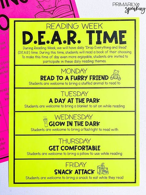 10 Reading Week Ideas Read In Week Ideas, Fun Reading Days At School, Reading Spirit Week Ideas, Literacy Week Activities Elementary, Literacy Month Ideas, Love Of Reading Week Ideas, Dear Time Reading Ideas, Dear Time Reading, Reading Week Ideas Elementary