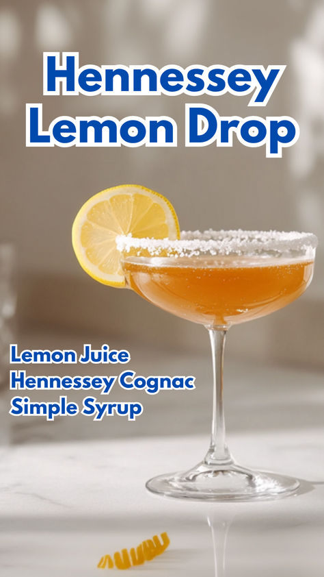 Hennessey Lemon Drop Hennessy Lemon Drop, Hennessey Drink Recipes, Hennessy Drinks Recipes, Hennessey Drink, Lemon Twist Garnish, Cognac Cocktails, Hennessy Cocktails, Hennessy Drinks, Hennessy Cognac