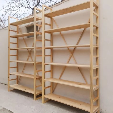 Diy Slat Wall Display, Wooden Shelving Unit, Diy Open Bookshelf, Wooden Racks Shelves, Bohemian Shelves, Book Shelves Ideas, Bookshelf Tv Stand, Homemade Bookshelves, Home Library Office