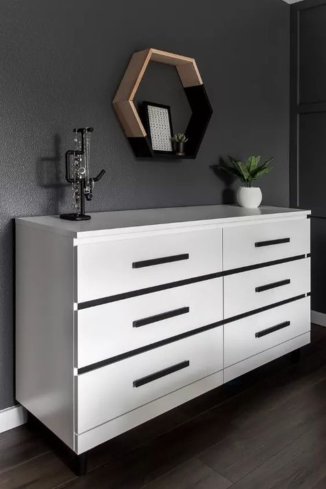 Makeover a simple IKEA Malm dresser into a modern dresser perfect for your bedroom. This before and after is incredible and so easy!If you like this project, you can see  more simple DIY projects ideas on my blog, A Crafted Passion.Let me show you how I transformed this simple IKEA Malm dresser into a sleek, modern black and white dresser. 
 
Since the bottom of the IKEA Malm dresser is open, first we need to add support pieces to the underside of the dresser that the legs can att… Ikea Malm Dresser Hack, Malm Dresser Hack, Black And White Dresser, Black Drawer Handles, Dresser Hack, Ikea Malm Dresser, Simple Diy Projects, Malm Dresser, Clean Kitchen Cabinets