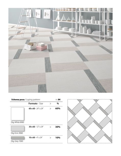 How pretty is this floor tile pattern? It's created using the White, Ecrù and Grey colours from our DigitalArt Series. Tile Laying Patterns Floor, Office Tiles Flooring, Tile Patterns Floor Layout, Interior Tiles Floor, Floor Pattern Design, Contemporary Flooring, Marble Floor Pattern, Pattern Flooring, Marble Flooring Design