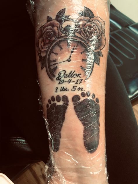 Foot Print Tattoo, Bell Tattoo, Belle Tattoo, Clock Tattoo, Foot Print, Girly Tattoos, Baby Footprints, Foot Tattoos