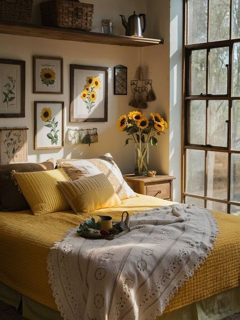 Goldenrod Bedroom, Yellow Accent Bedroom, Yellow And Brown Bedroom, Sunny Bedroom, Sunflower Bedroom, Yellow Bedspread, Childhood Bedroom, Sunflower Home Decor, Cozy Bedrooms