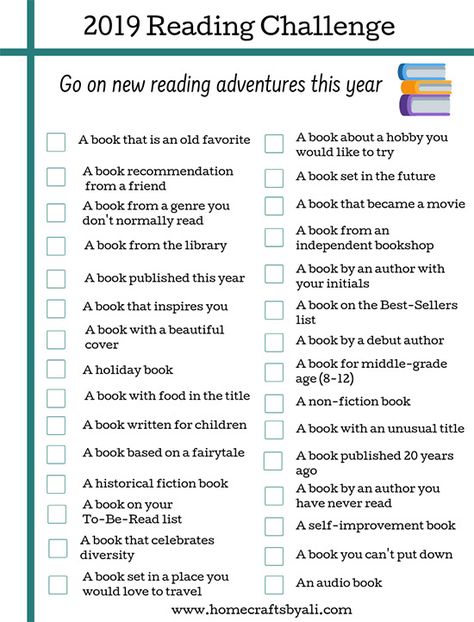 2019 Reading Challenge - You can print out this list of ideas for different books to read throughout the year Yearly Reading Challenge, Bookish Content, Different Types Of Books, Library Shelf, Reading List Challenge, Summer Reading Challenge, Book Prompts, Reading Day, Reading Adventure