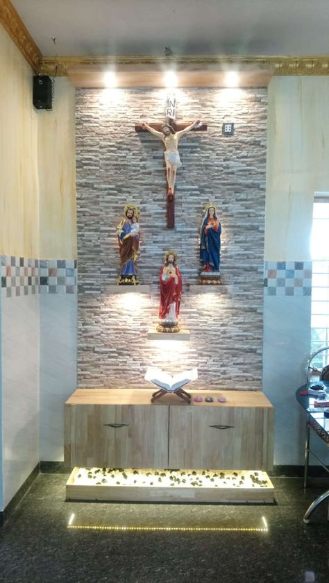 Designs by Interior Designer jeroj jerald, Thiruvananthapuram | Kolo Altar Design Home Catholic, Home Altar Catholic Beautiful, Wall Altar Ideas Catholic, Catholic Home Altar Ideas Living Rooms, Minecraft House Decorations, Grotto Design, Home Decor Cheap, Altar Catholic, Kmart Home