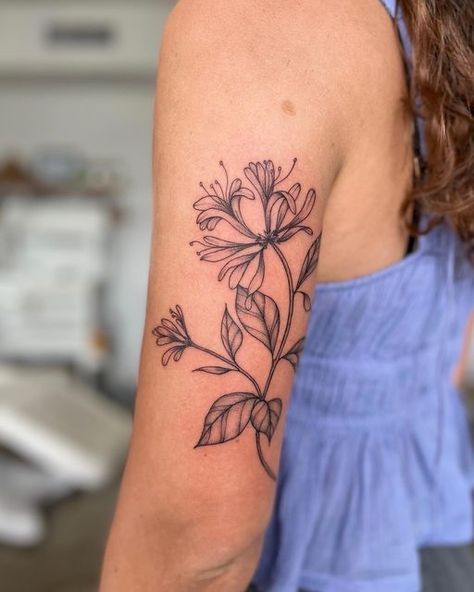 Honeysuckle Tattoo Design, Sleeve Tattoo Black Women, Rose And Honeysuckle Tattoo, Female Sleeve Tattoo Black Women, Tattoo Black Women, Female Sleeve Tattoo, 25 Tattoo, Honeysuckle Tattoo, Thistle Tattoo