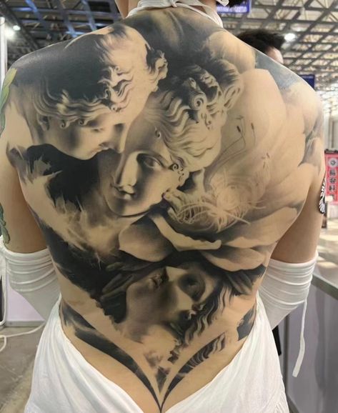 Realistic Back Tattoo For Women, Realism Goddess Tattoo, Back Tattoo Realism, Back Tattoo Portrait, Realism Back Tattoo, Realistic Back Tattoo, Marble Statue Tattoo, Half Body Tattoo, Fullback Tattoo Design