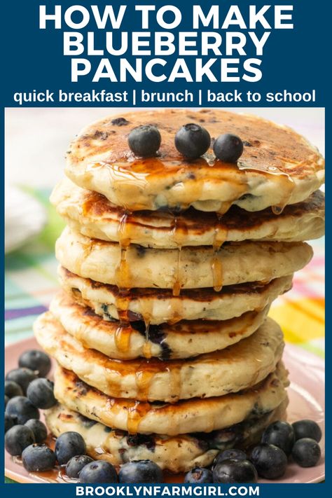 a tall stack of blueberry pancakes with blueberries on top with syrup drizzled over the stack Best Blueberry Pancakes, Pantry Basics, Easy Pancake Recipe, Healthy Make Ahead Breakfast, Blueberry Pancakes Recipe, Easy Pancake, Back To School Breakfast, Breakfast Slider, Flat Cakes