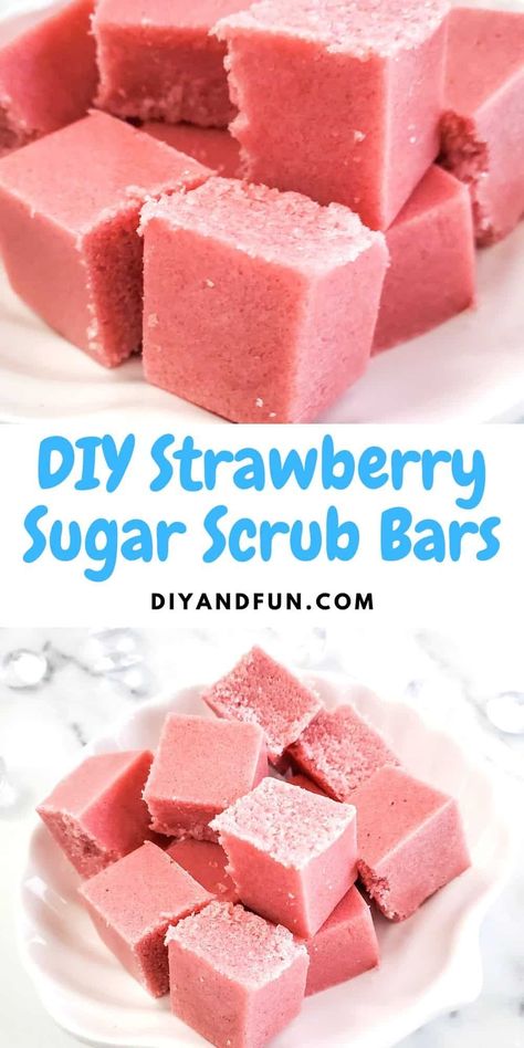 DIY Strawberry Sugar Scrub Bars, a recipe for an invigorating and exfoliating homemade soap idea to help beautify the skin. Homemade Strawberry Legs Scrub, Scrub For Strawberry Skin, Diy Scrub Bars, Diy Body Scrub Exfoliating Strawberry Skin, Homemade Body Scrub For Strawberry Skin, Scrub Recipe Diy, Scrub Soap Bars, Easy Sugar Scrub, Strawberry Soap