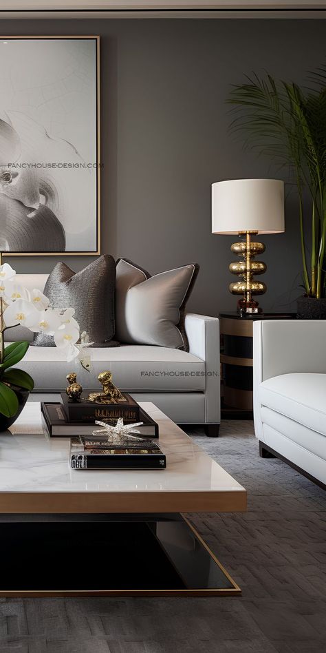 Gray sophistication and stylish elegance take center stage in the living room's interior luxury. Chic elegance and timeless elegance come together seamlessly in this living room.