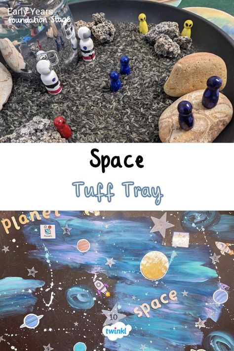 Want a spaced themed activity tray? Click on this pin for plenty of ideas. Sensory Activities For Babies, Space Activity, Space Theme Classroom, Activities For Babies, Early Years Foundation Stage, Eyfs Activities, Nursery Activities, Space Activities, Tuff Tray