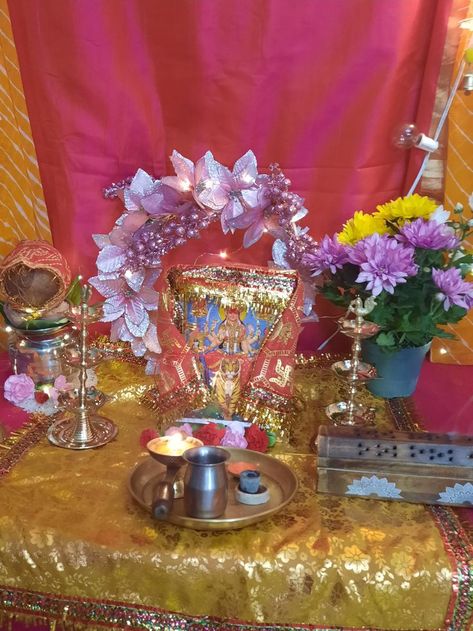 How to setup Navratri pooja pandal . Pooja Setup, Navratri Pooja, Cigratte Wallpaper, Krishna Art, Krishna, Crown Jewelry, Crown, Quick Saves, Art