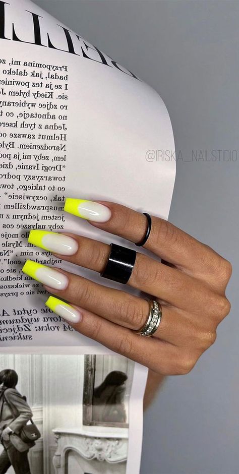 yellow neon french tips, french tip nails, french manicure, modern french tips, french nails, french colored tips Neon French Tip Nails, Neon French Nails, Yellow French Nails, Neon French Tips, Yellow French Tips, Yellow French Tip, Yellow Chrome, Short French Nails, Tropical Vacation Nails