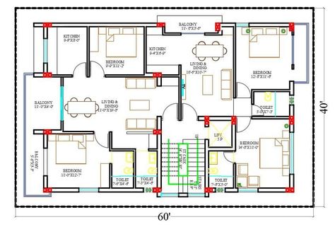 2400 square feet typical apartment 2 unit house furniture layout AutoCAD drawing includes 2 bedrooms with attached toilet, kitchen, living room with dining area, and balcony. the additional drawing such as a all measurement and description detail for easy to understand this project. download 60'X40' plot size for 2BHK apartment layout plan Drawing DWG file. 60x40 House Plans, 40×60 House Plans, 2 Bedroom Apartment Floor Plan, 40x60 House Plans, Small Apartment Plans, Duplex Floor Plans, 2bhk House Plan, Unique House Plans, Modern House Floor Plans