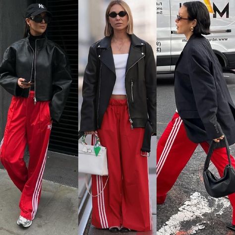 Adidas Street Style, Red Track Pants, Mos Def, Sweatpants Outfit, Grey Outfit, Adidas Outfit, Red Pants, Adidas Pants, Red And Grey