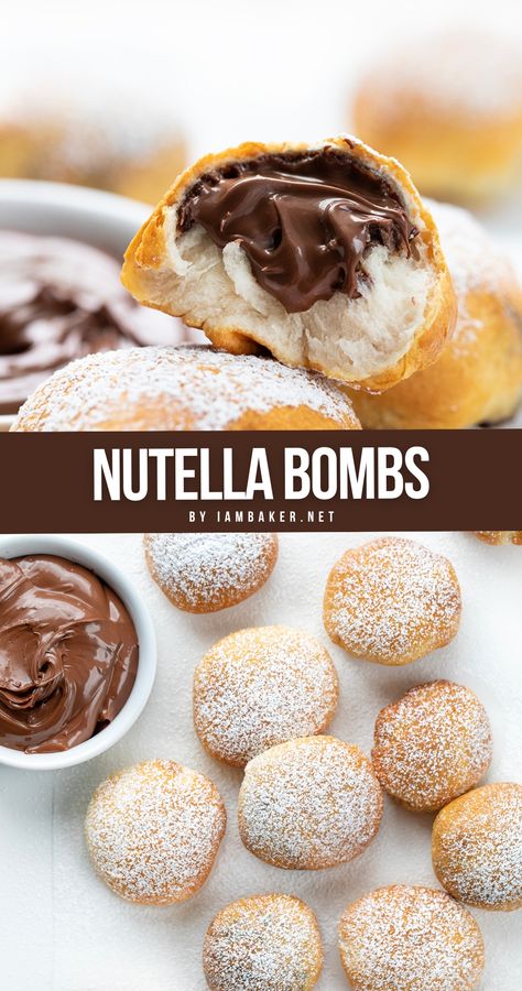 Two images of Nutella.  The first image is a close-up image from the side of a Nutella boma, ripped open showing the inside.  The second image is from overhead and shows the cooked Nutella bombs on a white surface with a bowl of Nutella. Good Simple Desserts, Fun And Easy Recipes For Dinner, Bombolini With Nutella, Nutella Balls Recipe, Deserts With Nutella Easy, Easy Dessert Recipes Nutella, Cool Desserts Recipes, Fun Things To Bake With Friends Easy, Small Finger Desserts