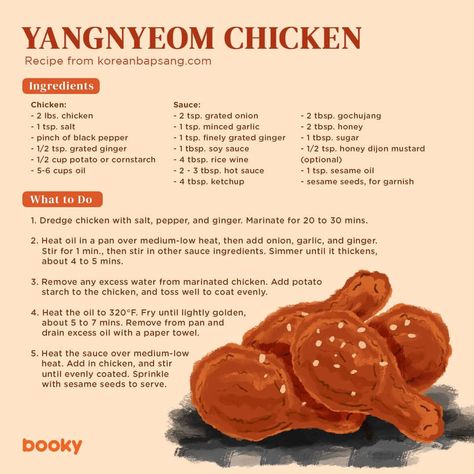 Yangnyeom Chicken Recipe, Aesthetic Written Recipes, Cartoon Food Recipes, Aesthetic Recipes Notes, Korea Chicken, Yangnyeom Chicken, Cottagecore Recipes, Homemade Recipe Books, Homemade Cookbook