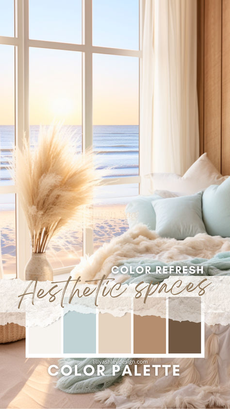 We’ve put together a free beach-inspired color palette for your coastal bedroom! You’ll find a mix of soothing neutrals and ocean hues, complete with hex codes to make your decorating process even easier. These colors will help you create a bedroom that feels like an escape to the coast every day. Beach Color Palette Bedroom, Beach Theme Color Palette, Coastal Color Pallet, Beach Coastal Aesthetic, Soothing Color Palette Hex Codes, Sleep Color Palette, Cabin Color Palette, Coastal Bedroom Colors, Neutral Coastal Bedroom