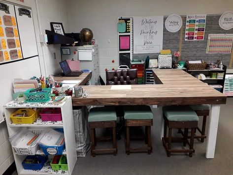 Small Teacher Desk Area, Small Group Teacher Table, Classroom Table Arrangement Elementary, Teacher Desk With Small Group Table, Art Teacher Desk, Teacher Desk Small Group, Teacher Desks, Diy Teacher Desk, Teacher Desk And Small Group Table