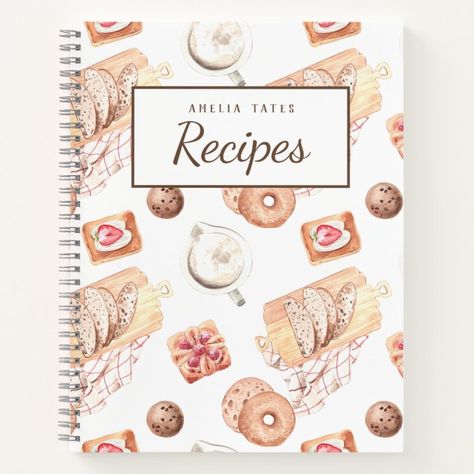 photo of a recipe journal cover featuring illustrations of baked goods such as biscotti, tarts, turnovers, chocolate chip cookies and more. Recipe Book Aesthetic Cover, Recipe Journal Cover, Bakery Journal, Tarts Chocolate, Own Recipe Book, Baked Pastries, Family Favorite Recipes, Recipe Book Design, Cover Design Inspiration