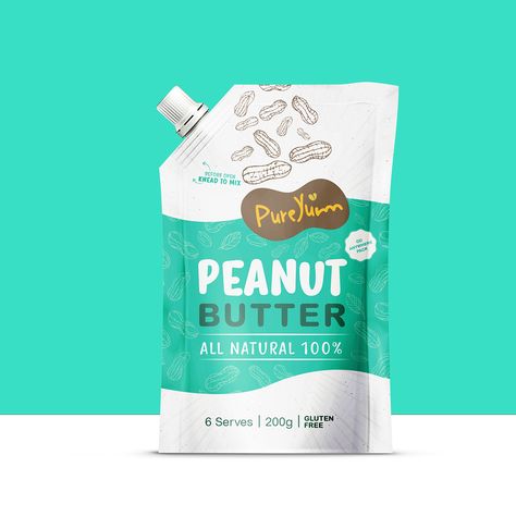 Peanut Butter Doypack Packaging Design for PureYumm on Behance Peanut Butter Packaging Design, Butter Packaging Design, Peanut Butter Packaging, Butter Packaging, Peanut Butter Brands, Sugar Packaging, Jars Ideas, Interactive Web Design, Spices Packaging