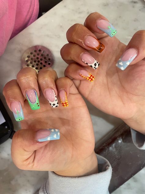 Disney French Tip Nails, Pixar Nails, Toy Story Nails, Disneyland Nails, Different Color Nails, Disney Nail Designs, Journey Art, Classy Acrylic, Disney Nail