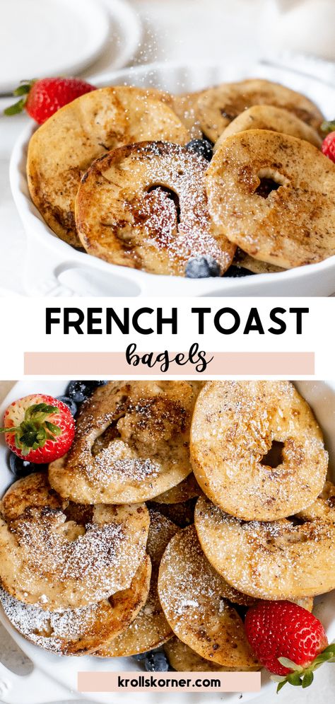 French Toast With Bagels, Cinnamon Raisin Bagel Breakfast Ideas, Cinnamon Bagel Recipe, Bagel Ideas Breakfast, Greek Yogurt French Toast, French Toast Bagel Recipe, Diy French Toast, Mini Bagels Recipe, French Toast Bagels