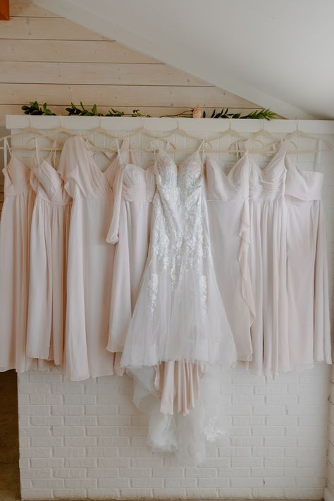 Wedding dress hangs while being surrounded by light pink bridesmaid dresses Hanging Bridesmaid Dresses, Bride And Bridesmaid Dresses Hanging, Bridesmaid Dress Pictures Hanging, Bridesmaid Dress Hanging Photo, Wedding Dress Hanging Photo, Bridesmaid Dresses Hanging Picture Ideas, Wedding Dress Hanging Pictures, Wedding Dress Pictures Hanging, Bridesmaid Dresses Hanging