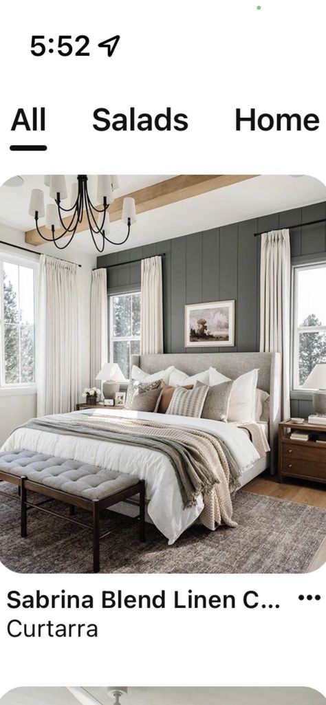 Gray Beadboard, Bedroom Accent Wall, Green Accent Walls, Beautiful Houses Interior, Bedroom Accent, Serene Bedroom, Accent Wall Bedroom, Dark Wall, Bedroom Windows