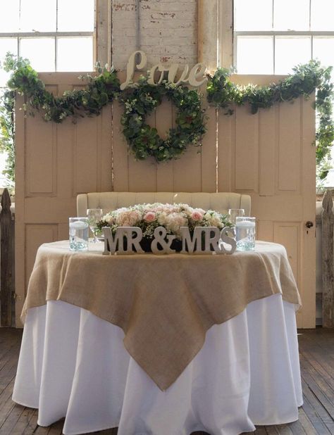 Wedding Table Mr And Mrs, Simple Mr And Mrs Wedding Table, Mr And Mrs Table Decoration, Bride And Groom Table Ideas Simple, Couples Table, Bride And Groom Table, Rustic Burlap Wedding, Bride Groom Table, Beauty And Beast Wedding