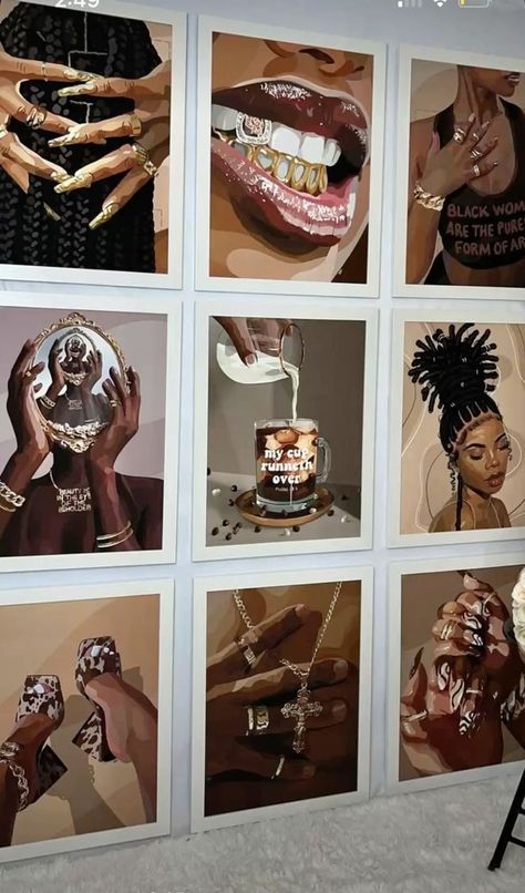 Black Art Gallery Wall, Black Woman Luxury Aesthetic, Ladies Room, Apartment Living Room Design, Future Apartment Decor, Apartment Essentials, Dreamy Room, Black Art Pictures, Barbie House