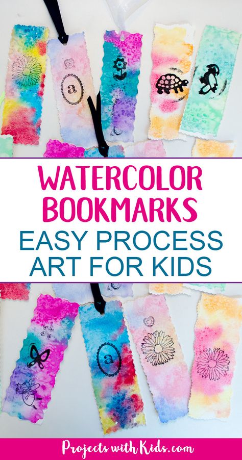 These beautiful watercolor bookmarks are a snap to make with watercolors, stamps and decorative scissors. Easy process art with simple watercolor techniques that produce amazing results. A wonderful art project for kids of all ages. Your kids will love giving these as gifts! #watercolorpainting #diybookmarks #projectswithkids #kidcrafts Decorative Scissors, Easy Process Art, Bookmark Card, Simple Watercolor, Kids Watercolor, Easy Art Projects, Easy Arts And Crafts, Watercolor Bookmarks, Bookmarks Kids